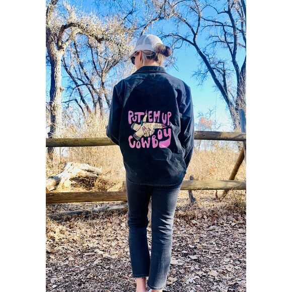 Upcycled Put ‘Em’ Up Cowboy Black Denim Shirt Jacket. - Picture 1 of 3